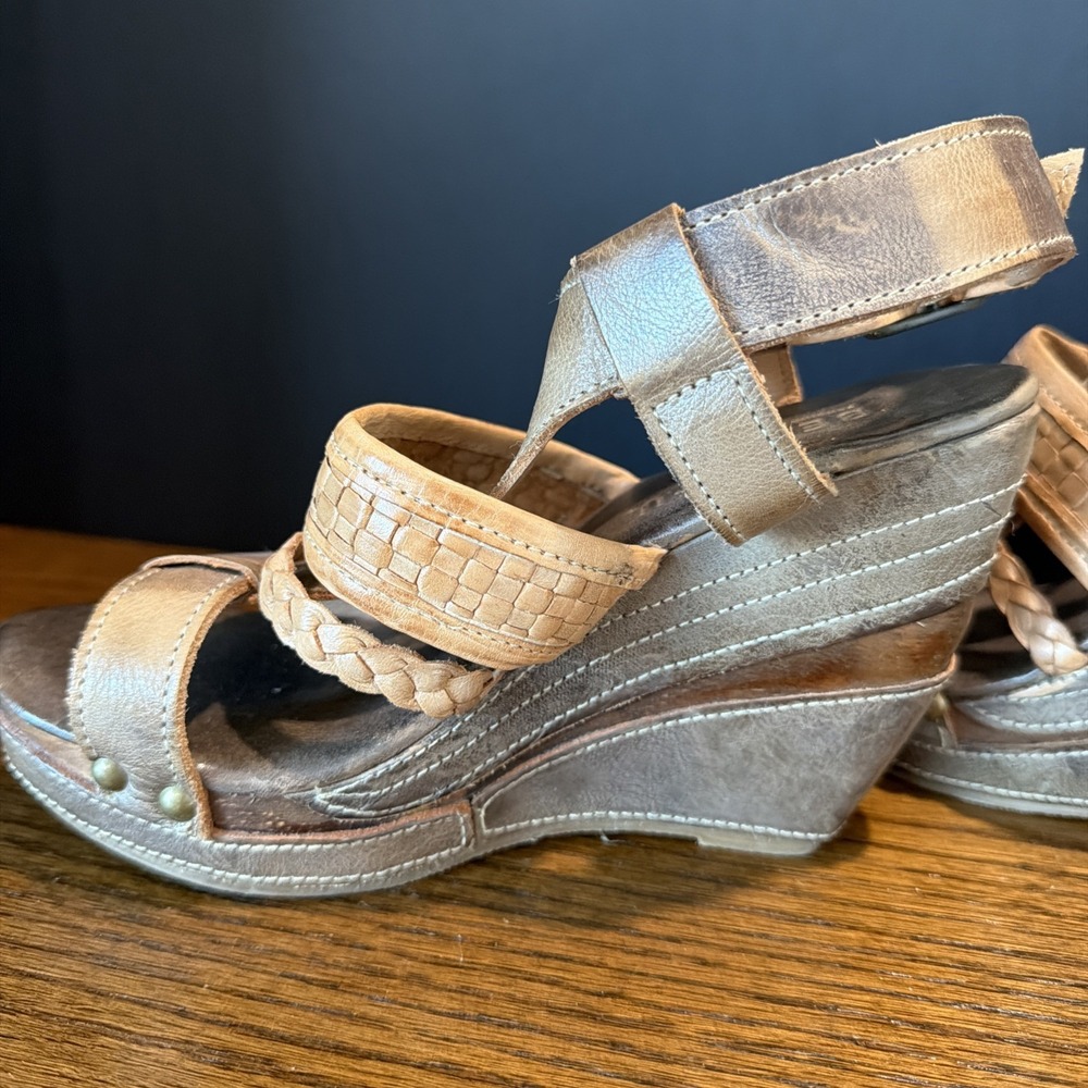 Bed Stu Jaslyn Brown, Tan Braided Leather Platform Bohemian Wedge Sandals Size 8 - Picture 2 of 9